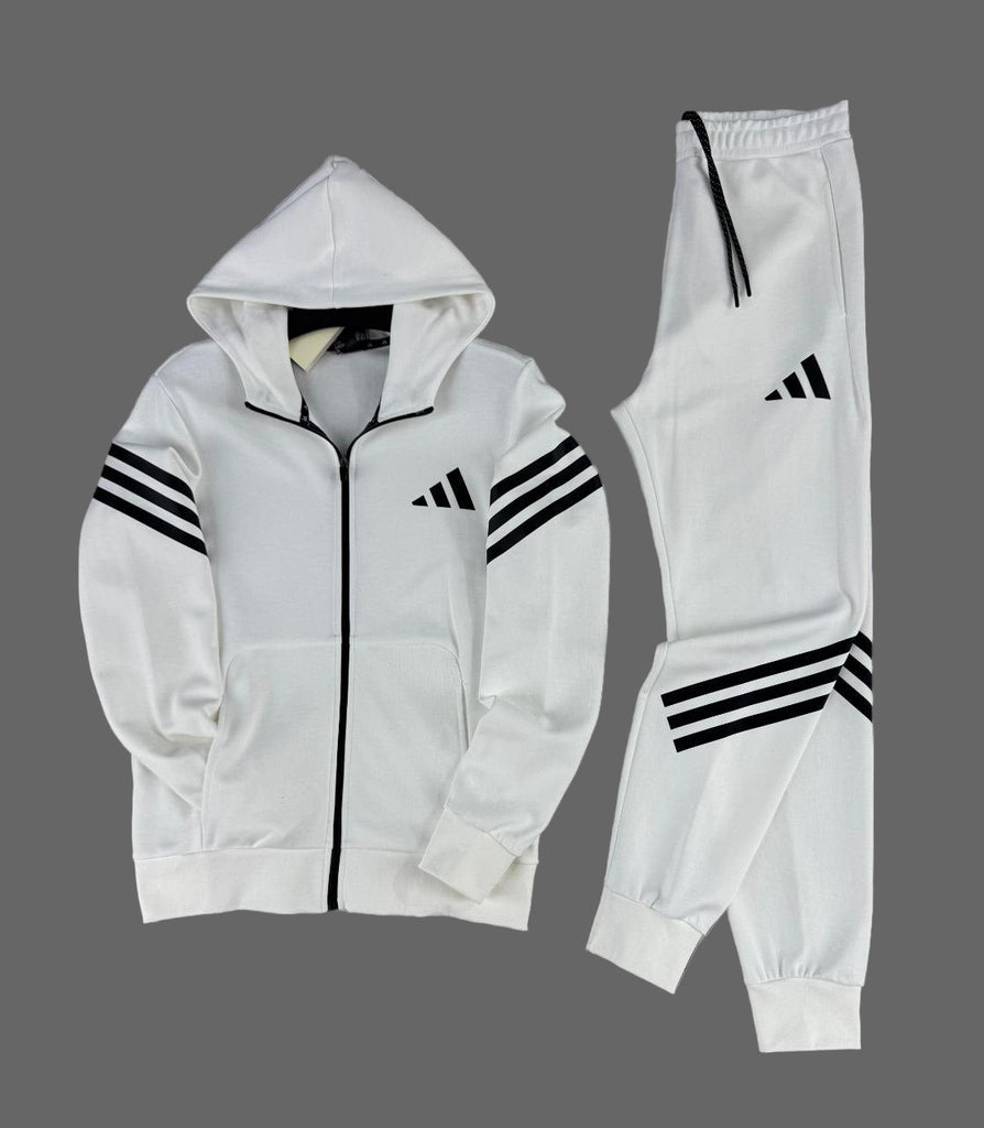 Trening bărbătesc Adidas, alb, cu linii negre și logo negru