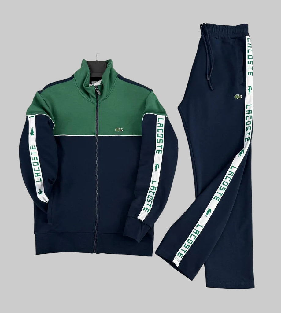 Trening bărbătesc Lacoste verde cu albastru închis, cu bandă albă logo și pantaloni drepți