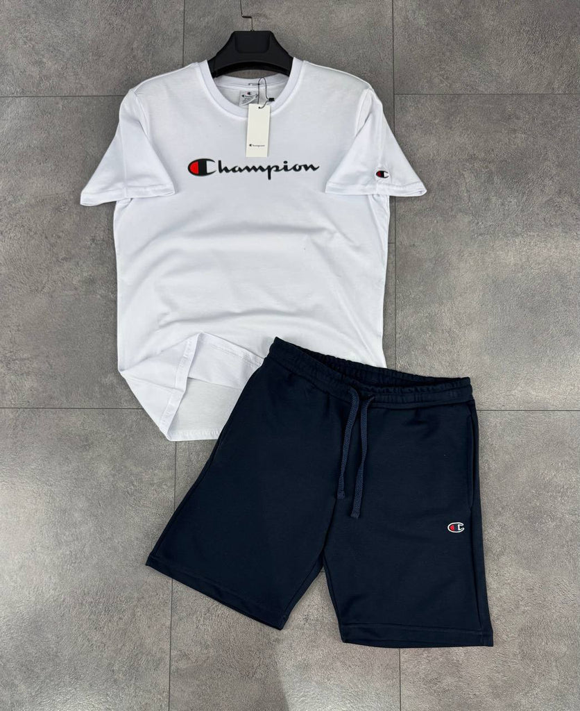 Compleu bărbătesc Champion, tricou alb și pantaloni scurți bleumarin