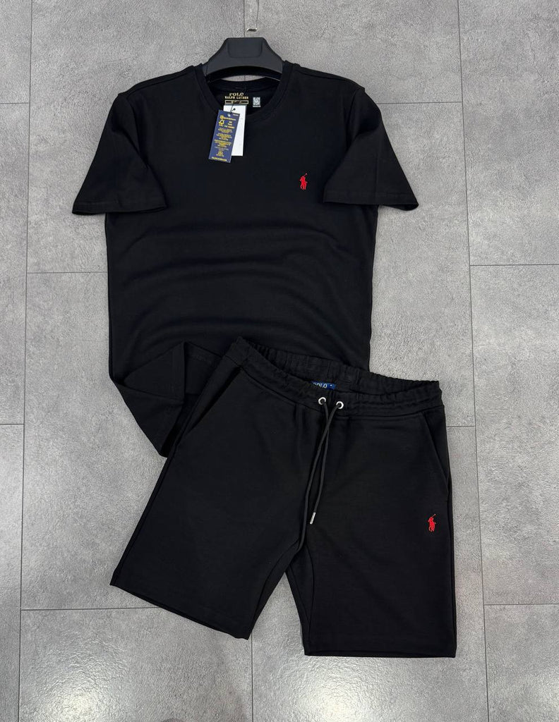 Compleu bărbătesc Polo, tricou și pantaloni scurți în culoare neagră
